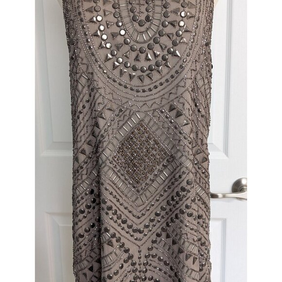 Parker 100% Silk Fully Beaded Allegra Mini Dress Taupe Size M Fairy Goth Grunge - Picture 4 of 16